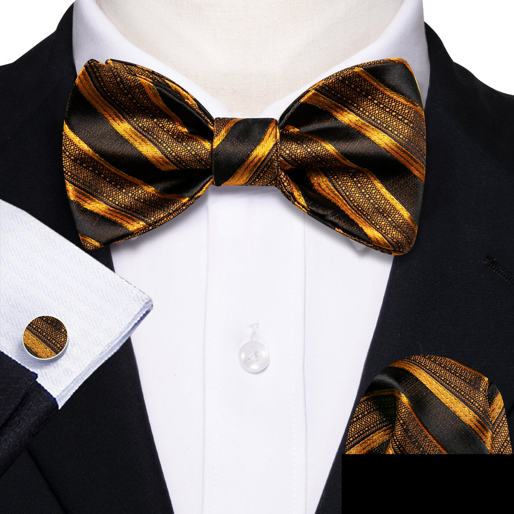 Black Gold Striped Bow Tie Set bow ties    - Sophisticated Gentlemen