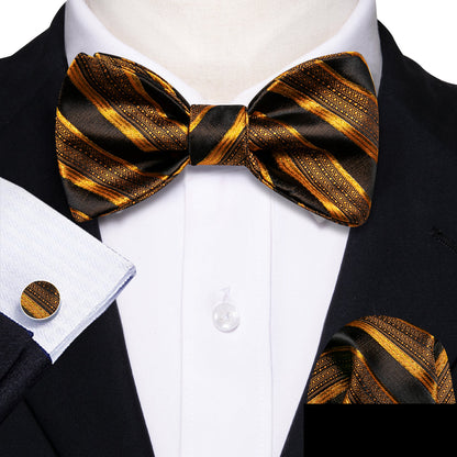 Black Gold Striped Bow Tie Set bow ties    - Sophisticated Gentlemen