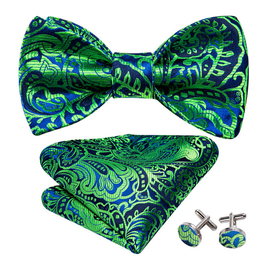 Green Navy Floral Paisley Bow Tie Set bow ties    - Sophisticated Gentlemen