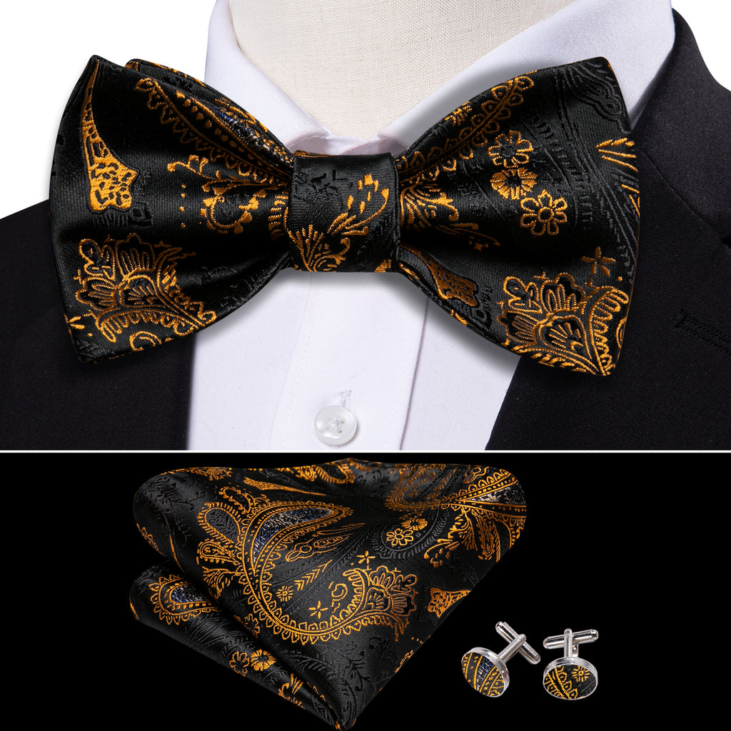Black Gold Paisley Bow Tie Set bow ties    - Sophisticated Gentlemen