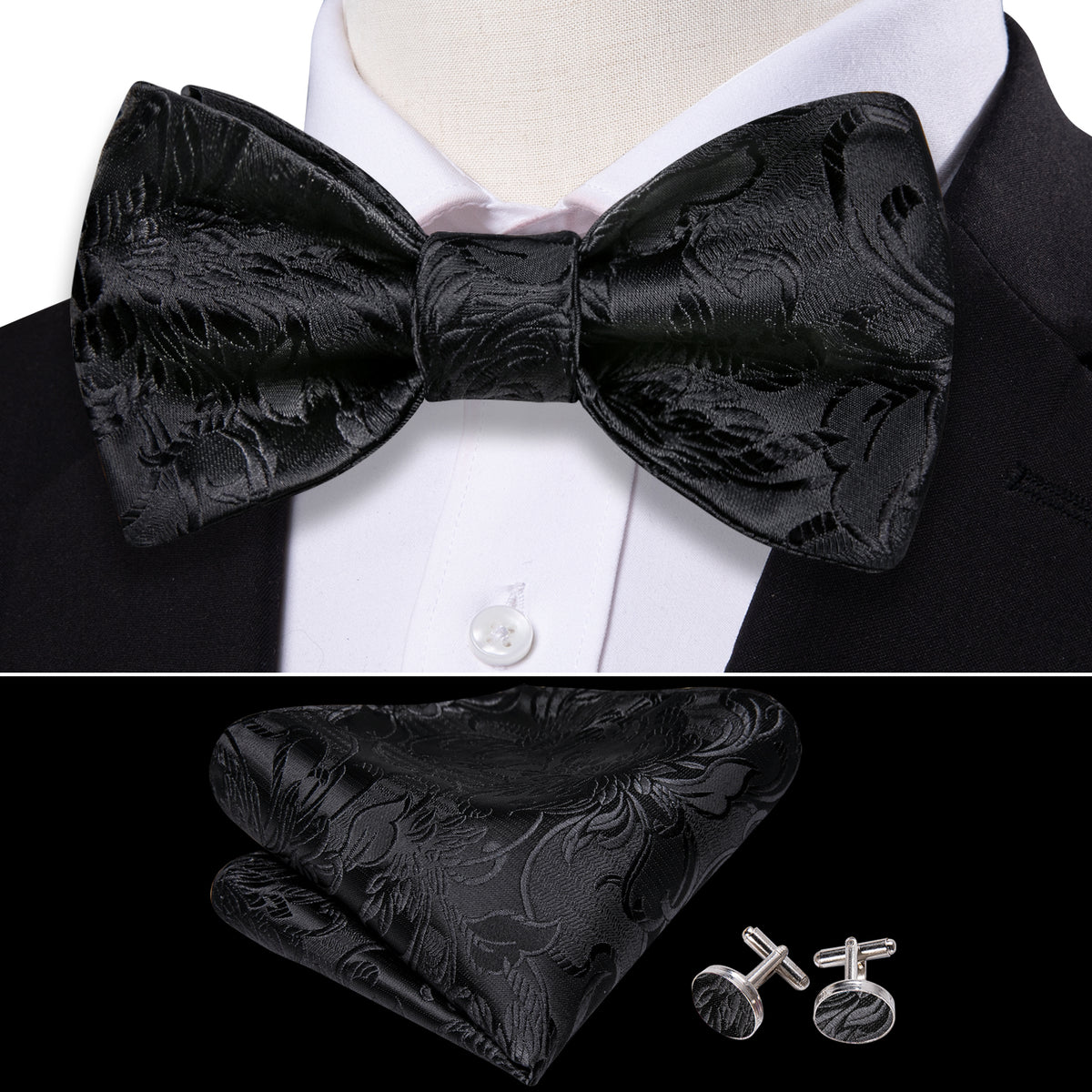 Black Paisley Formal Bow Tie Set bow ties    - Sophisticated Gentlemen