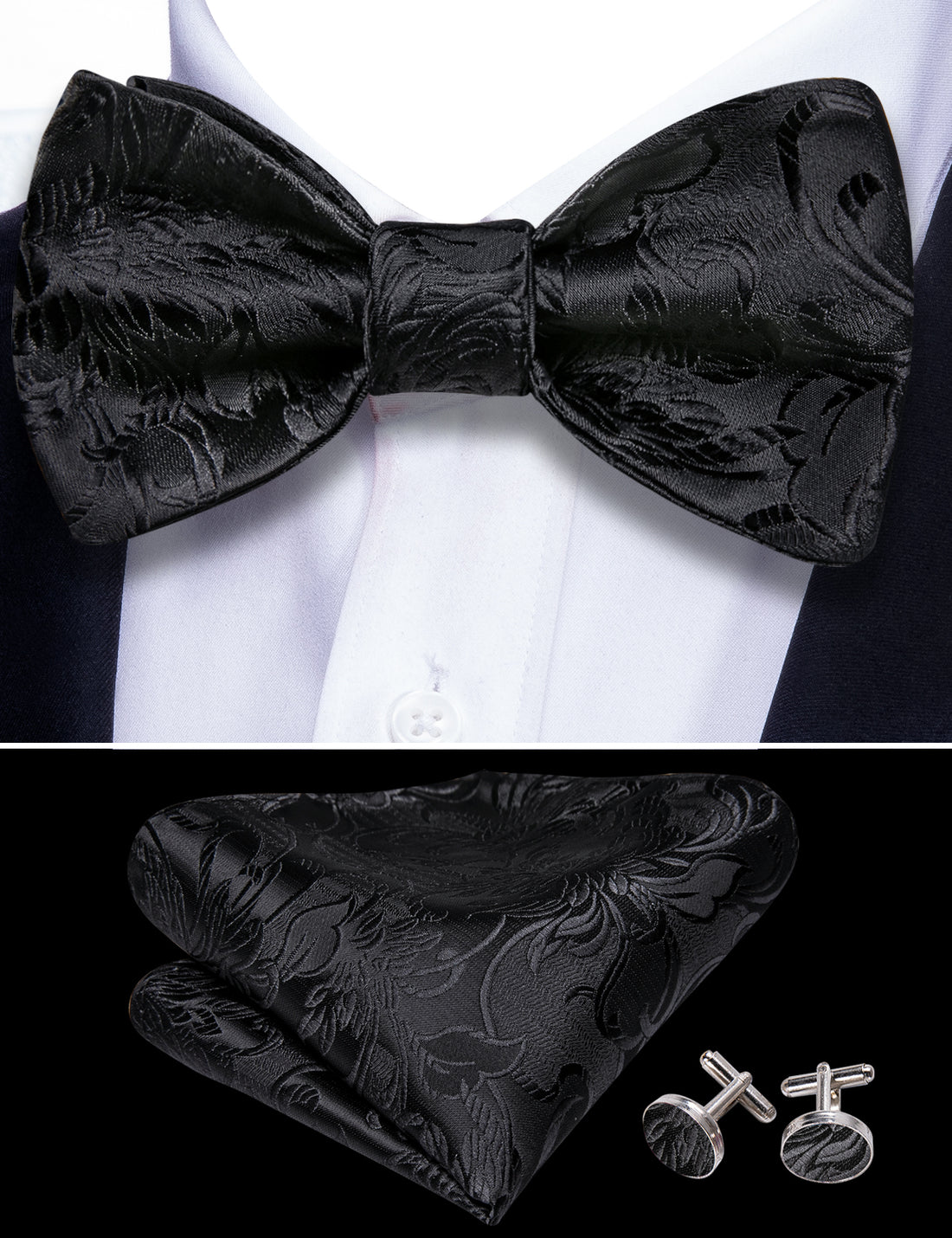 Black Paisley Formal Bow Tie Set bow ties    - Sophisticated Gentlemen
