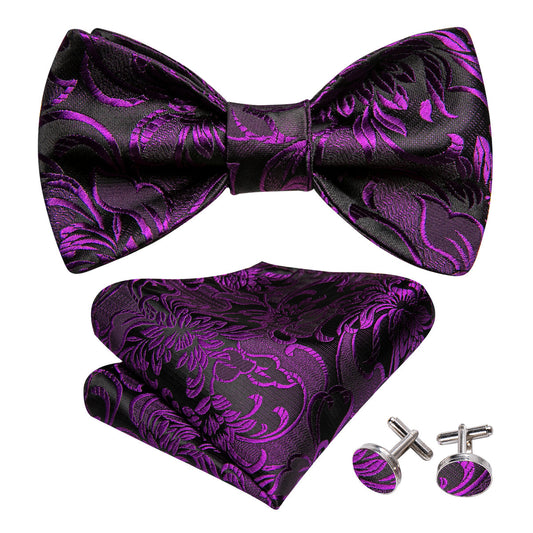 Black Purple Floral Bow Tie Set bow ties    - Sophisticated Gentlemen