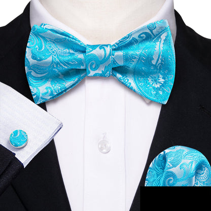 Blue Silver Paisley Bow Tie Set bow ties    - Sophisticated Gentlemen