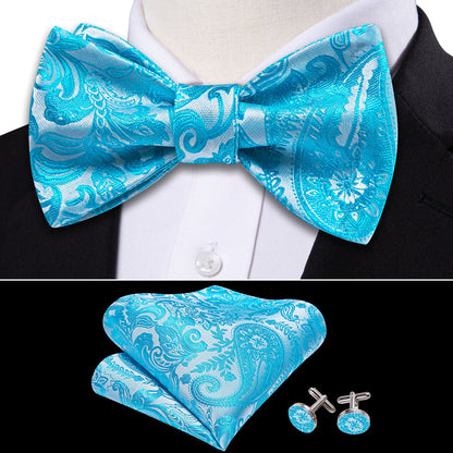 Blue Silver Paisley Bow Tie Set bow ties    - Sophisticated Gentlemen