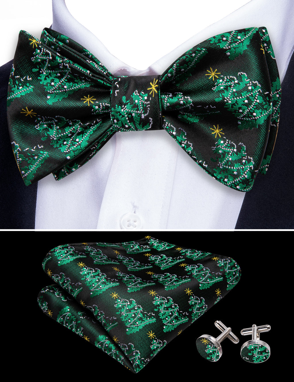 Green Christmas Tree Silk Bow Tie Set bow ties    - Sophisticated Gentlemen