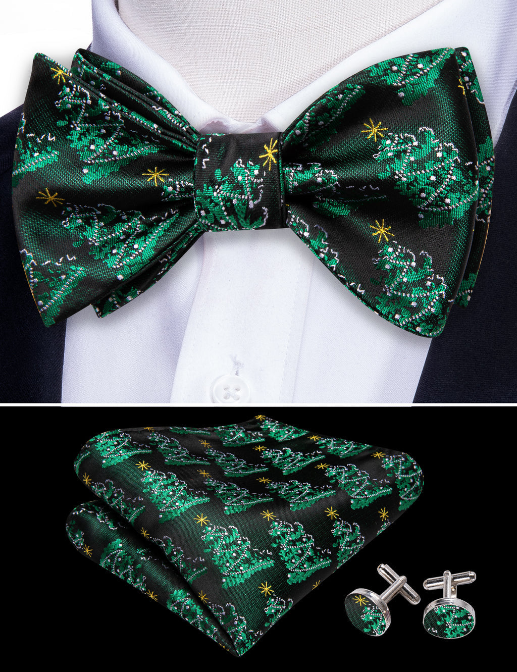 Green Christmas Tree Silk Bow Tie Set bow ties    - Sophisticated Gentlemen