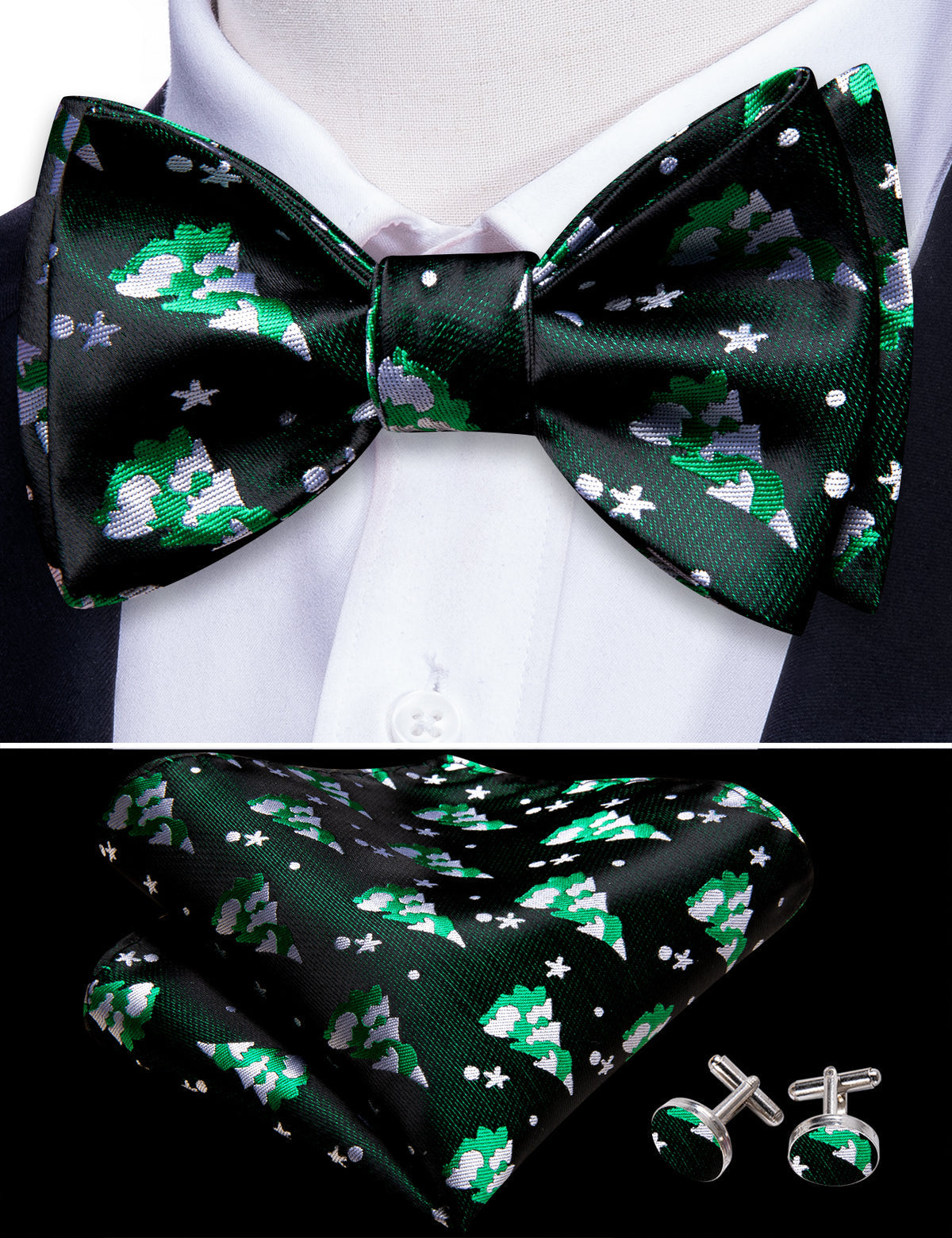 Black Green Xmas Tree Bow Tie Set bow ties    - Sophisticated Gentlemen