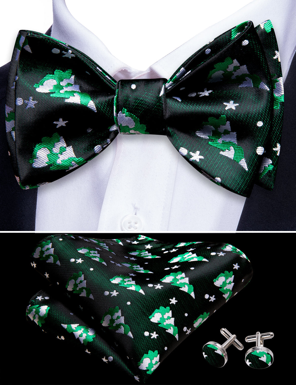 Black Green Xmas Tree Bow Tie Set bow ties    - Sophisticated Gentlemen