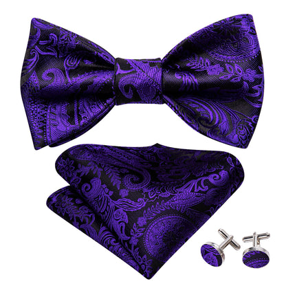 Purple Black Paisley Silk Bow Tie Set bow ties    - Sophisticated Gentlemen