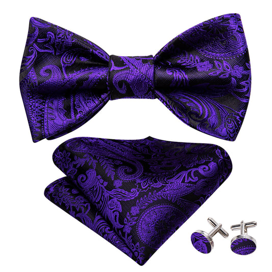Purple Black Paisley Silk Bow Tie Set bow ties    - Sophisticated Gentlemen