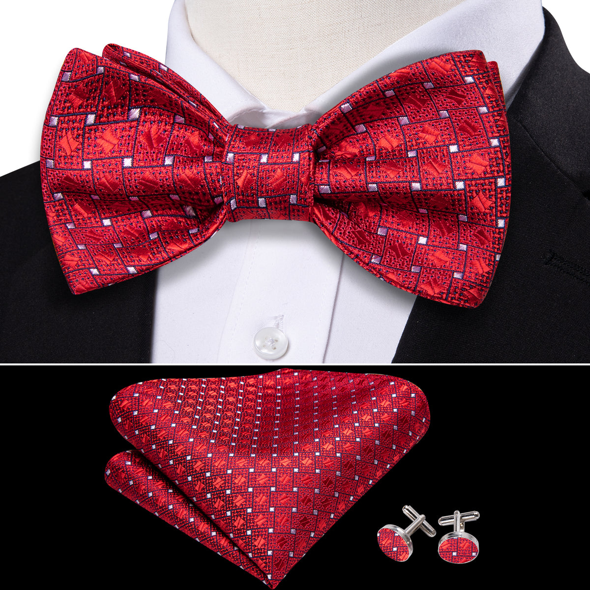 Red White Plaid Bow Tie Set bow ties    - Sophisticated Gentlemen