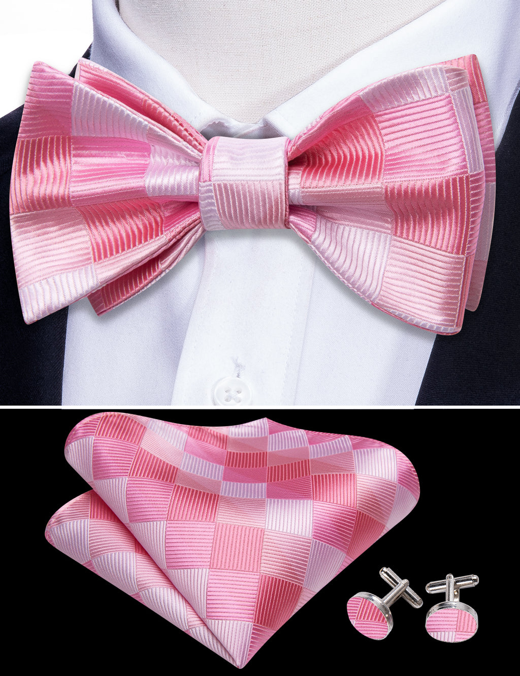 Pink Plaid Silk Bow Tie Set bow ties    - Sophisticated Gentlemen