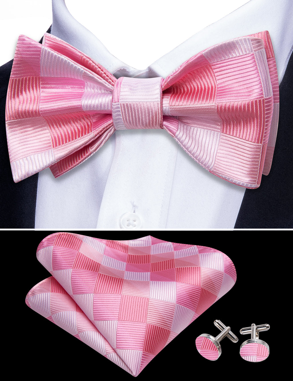 Pink Plaid Silk Bow Tie Set bow ties    - Sophisticated Gentlemen