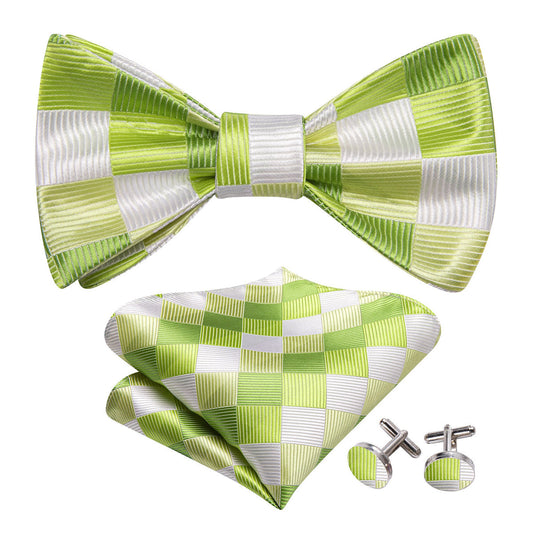 Green White Plaid Silk Bow Tie Set bow ties    - Sophisticated Gentlemen