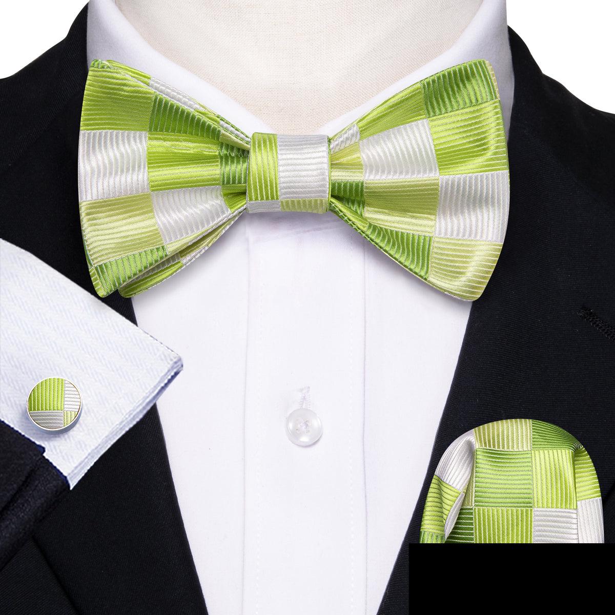 Green White Plaid Silk Bow Tie Set bow ties    - Sophisticated Gentlemen