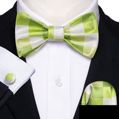 Green White Plaid Silk Bow Tie Set bow ties    - Sophisticated Gentlemen
