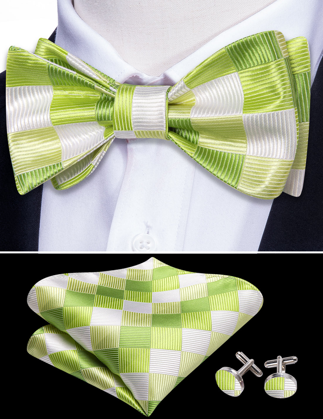 Green White Plaid Silk Bow Tie Set bow ties    - Sophisticated Gentlemen