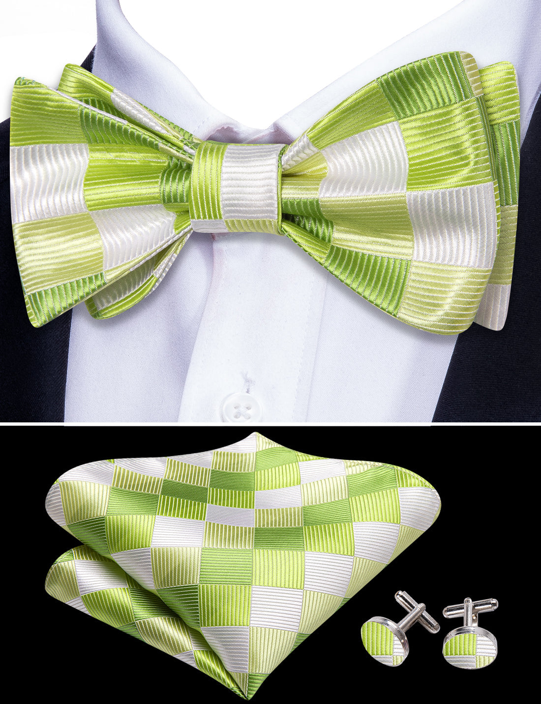 Green White Plaid Silk Bow Tie Set bow ties    - Sophisticated Gentlemen