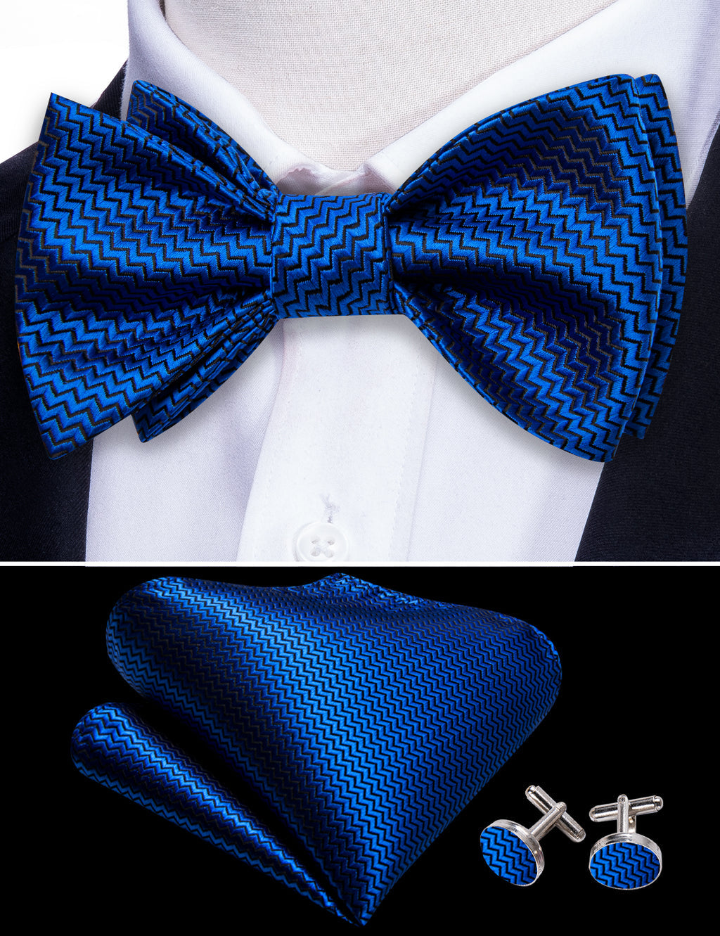 Navy Blue Striped Silk Bow Tie Set bow ties    - Sophisticated Gentlemen