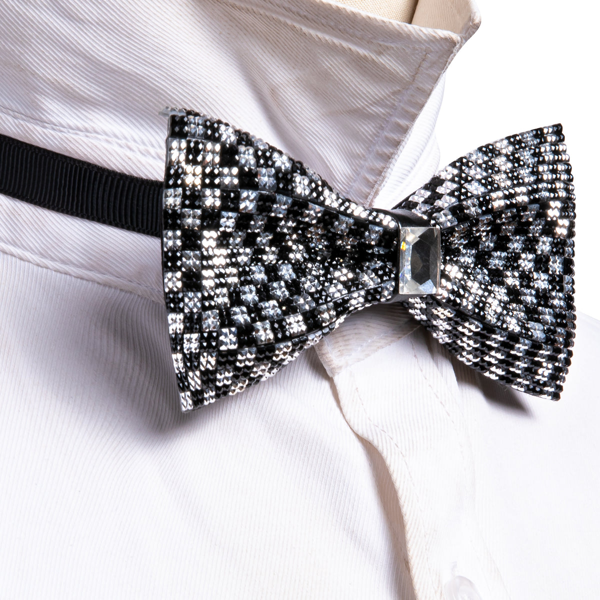 Black White Shining Plaid Rhinestones Wedding Bow Tie Set bow ties    - Sophisticated Gentlemen