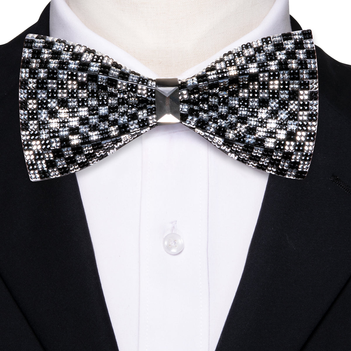 Black White Shining Plaid Rhinestones Wedding Bow Tie Set bow ties    - Sophisticated Gentlemen
