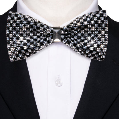 Black White Shining Plaid Rhinestones Wedding Bow Tie Set bow ties    - Sophisticated Gentlemen