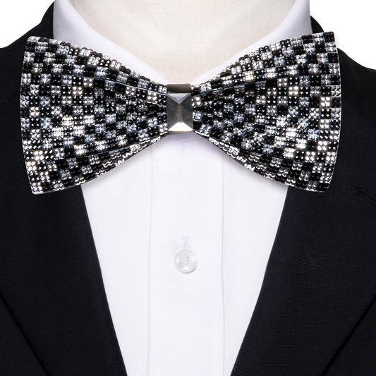 Black White Shining Plaid Rhinestones Wedding Bow Tie Set bow ties    - Sophisticated Gentlemen