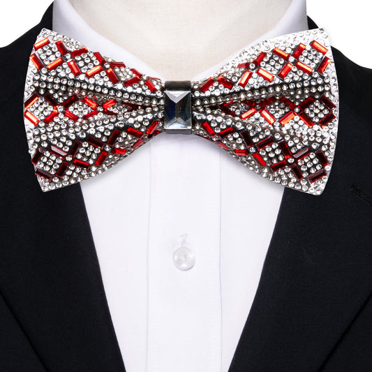 Shining Red White Plaid Rhinestones Bow Tie Set bow ties    - Sophisticated Gentlemen