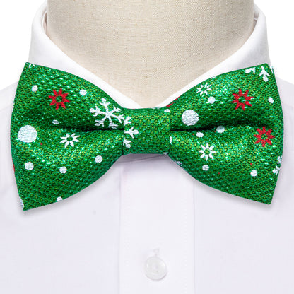 Green White Printed Christmas Element Silk Bow Tie Set bow ties    - Sophisticated Gentlemen