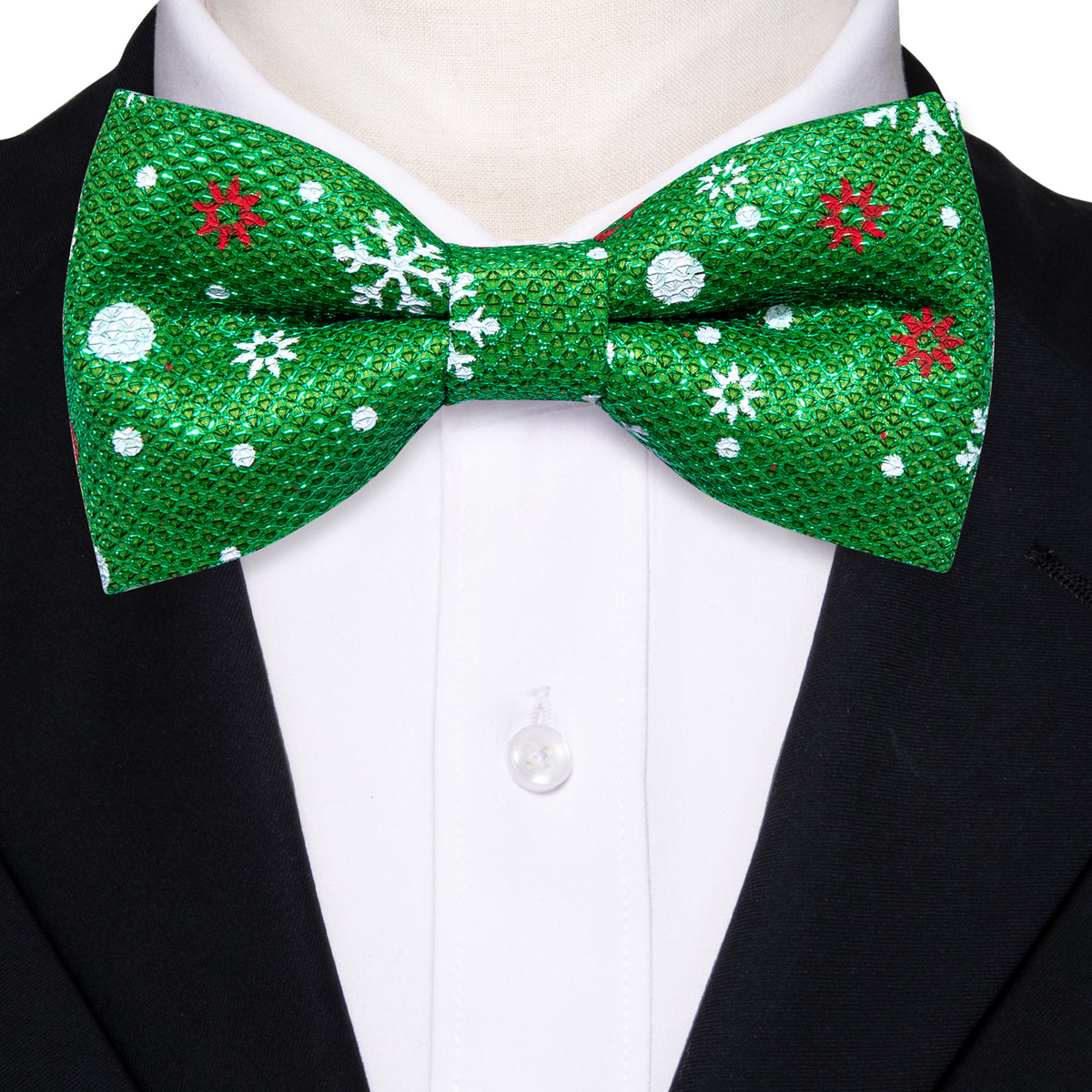 Green White Printed Christmas Element Silk Bow Tie Set bow ties    - Sophisticated Gentlemen
