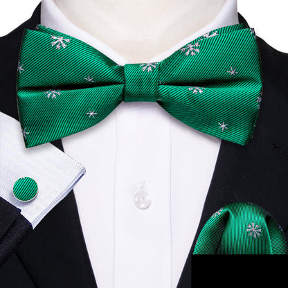 Green White Snowflake Silk Christmas Bow Tie Set bow ties    - Sophisticated Gentlemen
