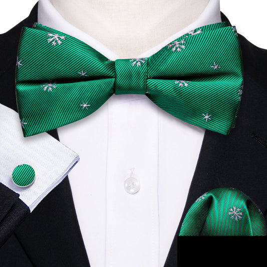 Green White Snowflake Silk Christmas Bow Tie Set bow ties    - Sophisticated Gentlemen
