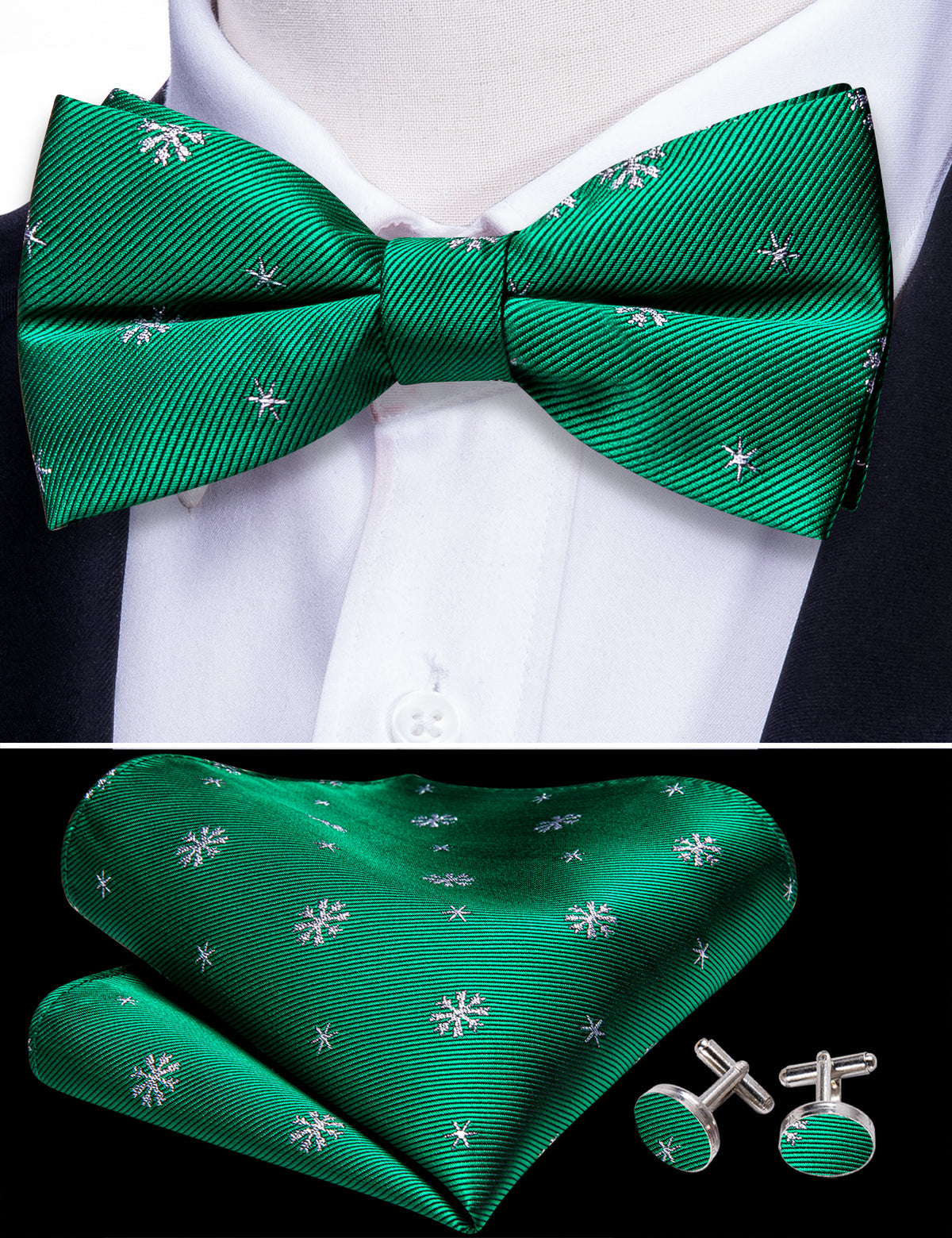 Green White Snowflake Silk Christmas Bow Tie Set bow ties    - Sophisticated Gentlemen