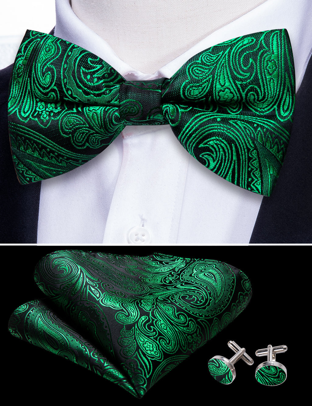 Green Paisley Silk Bow Tie Set bow ties    - Sophisticated Gentlemen