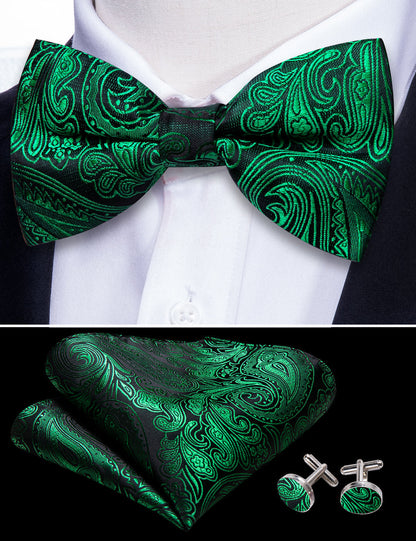 Green Paisley Silk Bow Tie Set bow ties    - Sophisticated Gentlemen
