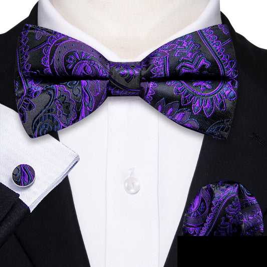 Purple Black Paisley Bow Tie Set bow ties    - Sophisticated Gentlemen