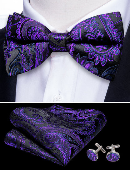 Purple Black Paisley Bow Tie Set bow ties    - Sophisticated Gentlemen