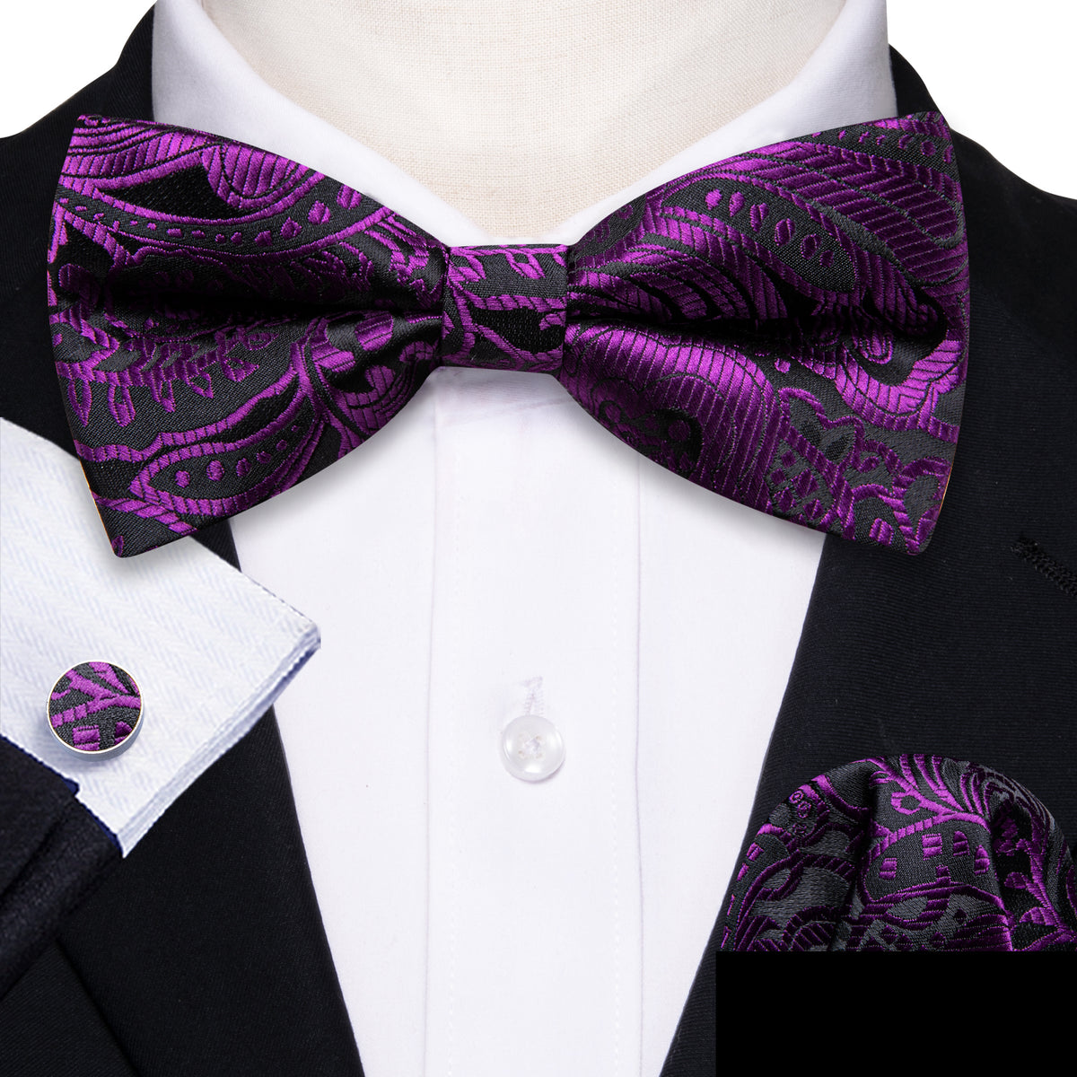 Black Purple Paisley Beautiful Bow Tie Set bow ties    - Sophisticated Gentlemen