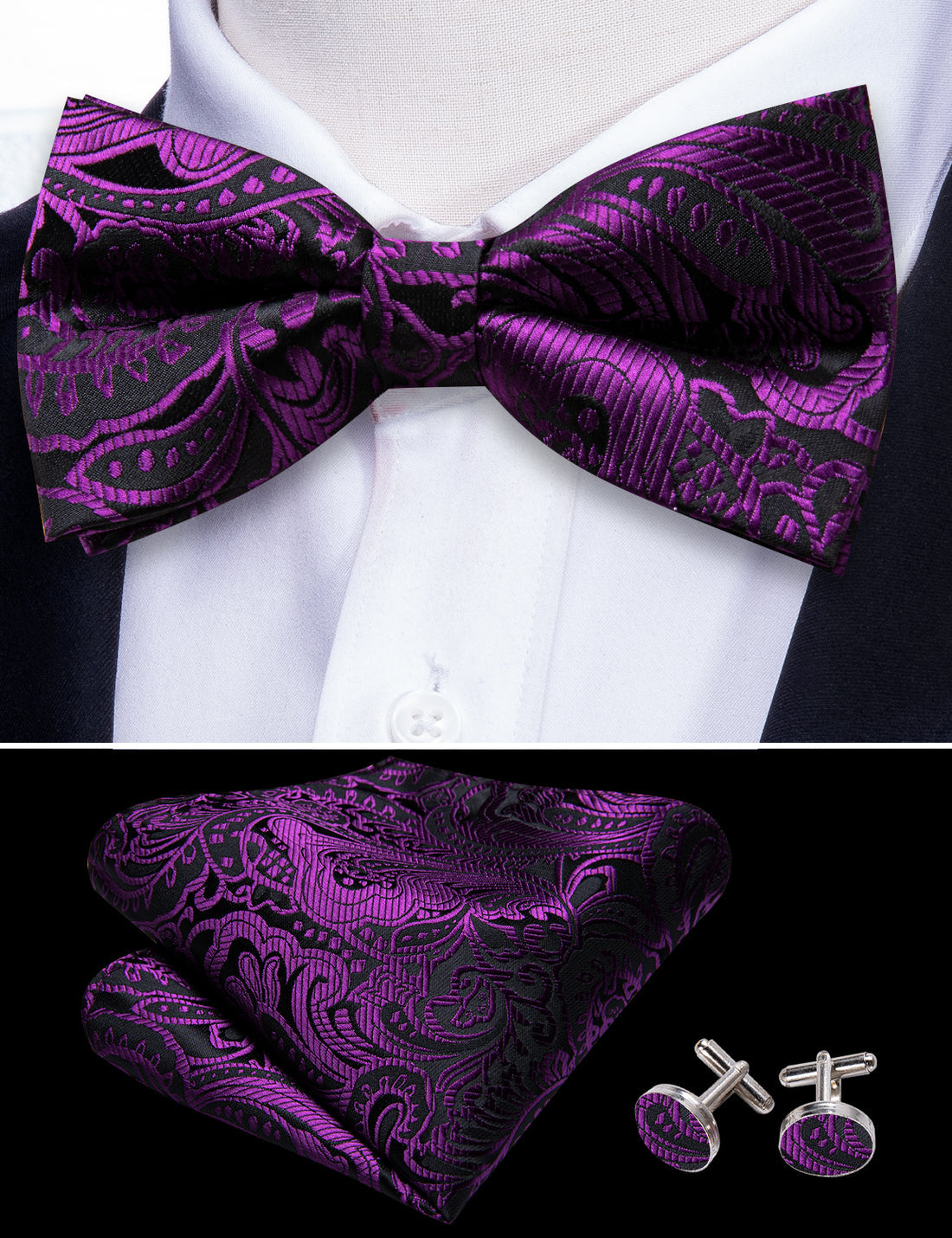 Black Purple Paisley Beautiful Bow Tie Set bow ties    - Sophisticated Gentlemen