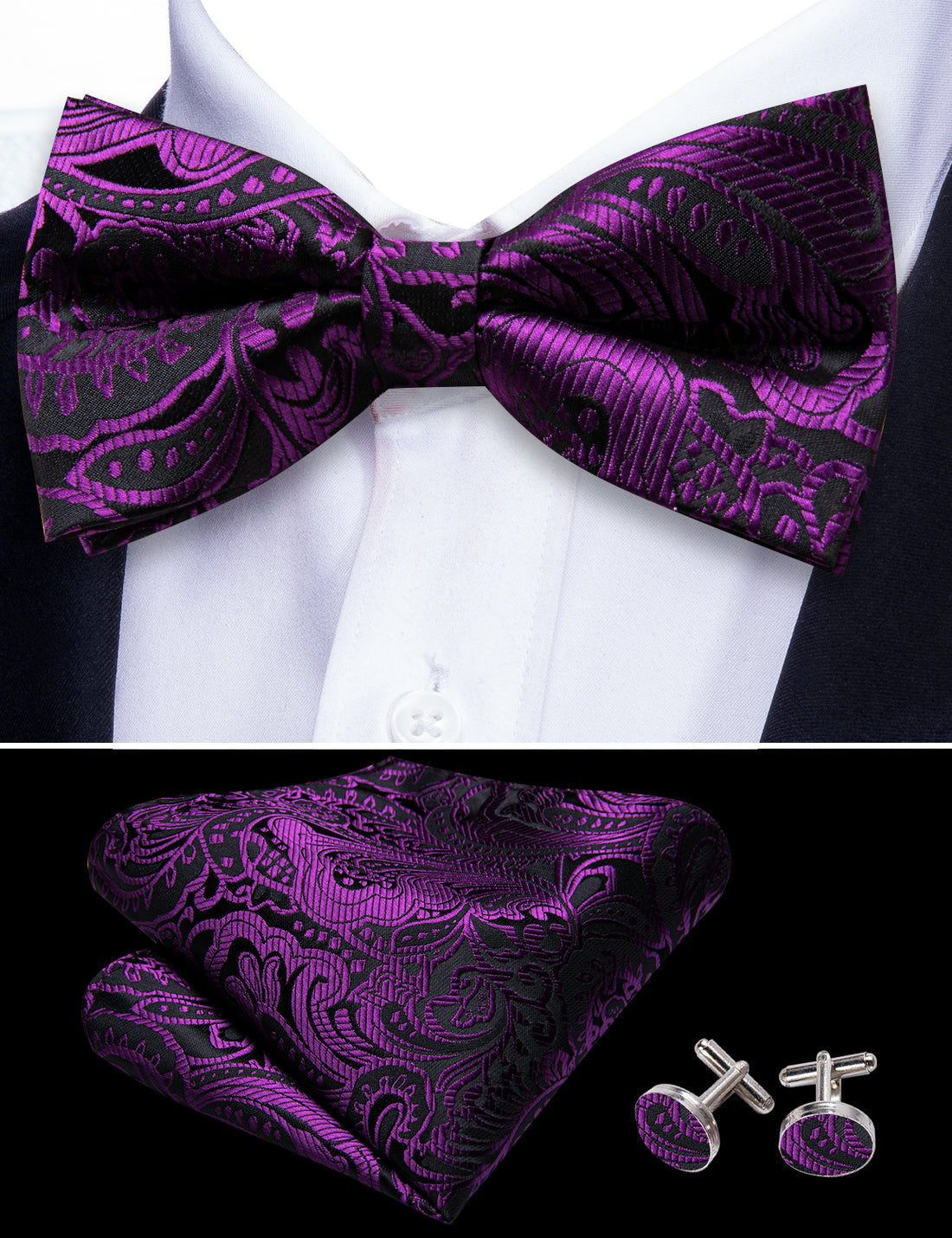 Black Purple Paisley Beautiful Bow Tie Set bow ties    - Sophisticated Gentlemen