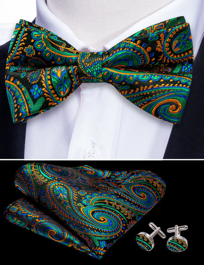 Green Orange Paisley Bow Tie Set bow ties    - Sophisticated Gentlemen