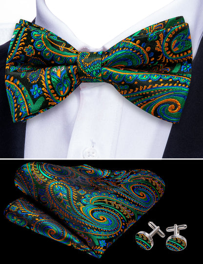 Green Orange Paisley Bow Tie Set bow ties    - Sophisticated Gentlemen