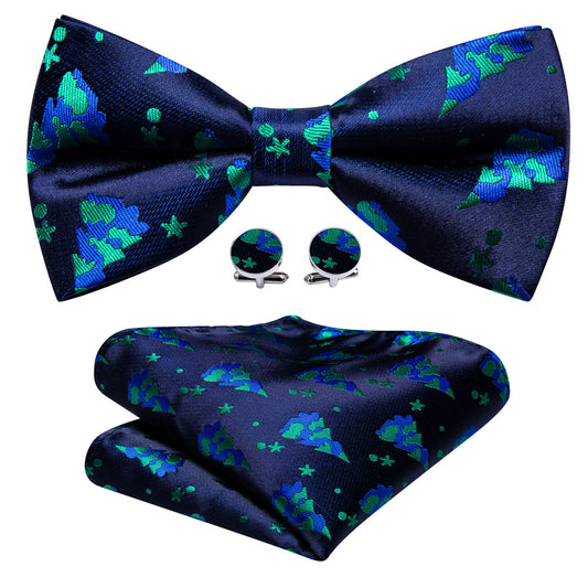 Blue Xmas Tree Silk Bow Tie Set bow ties    - Sophisticated Gentlemen