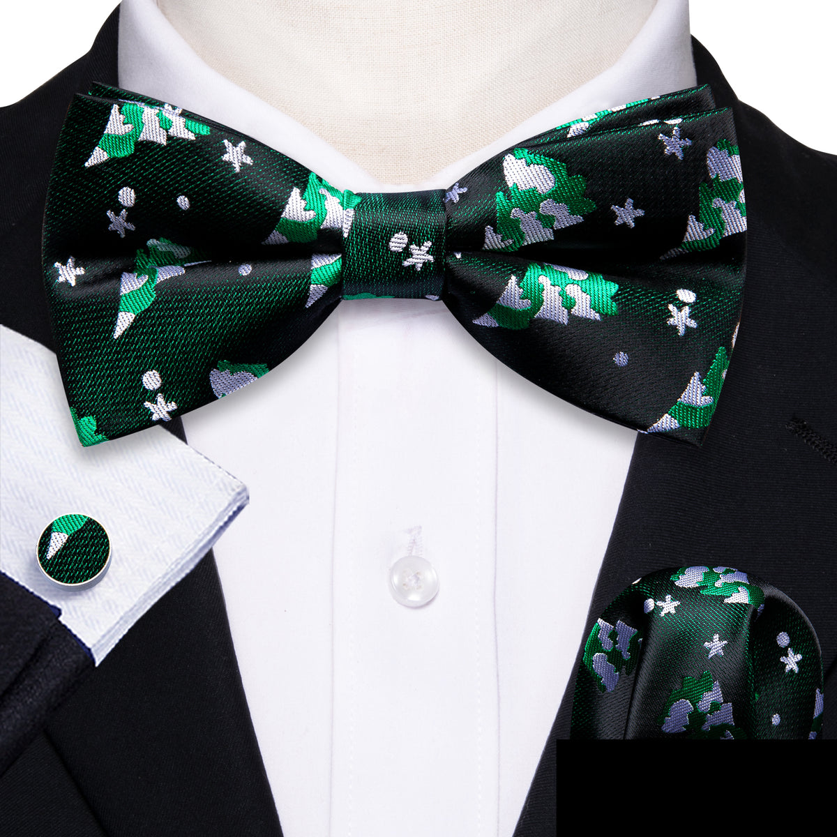 Green White Xmas Tree Silk Bow Tie Set bow ties    - Sophisticated Gentlemen