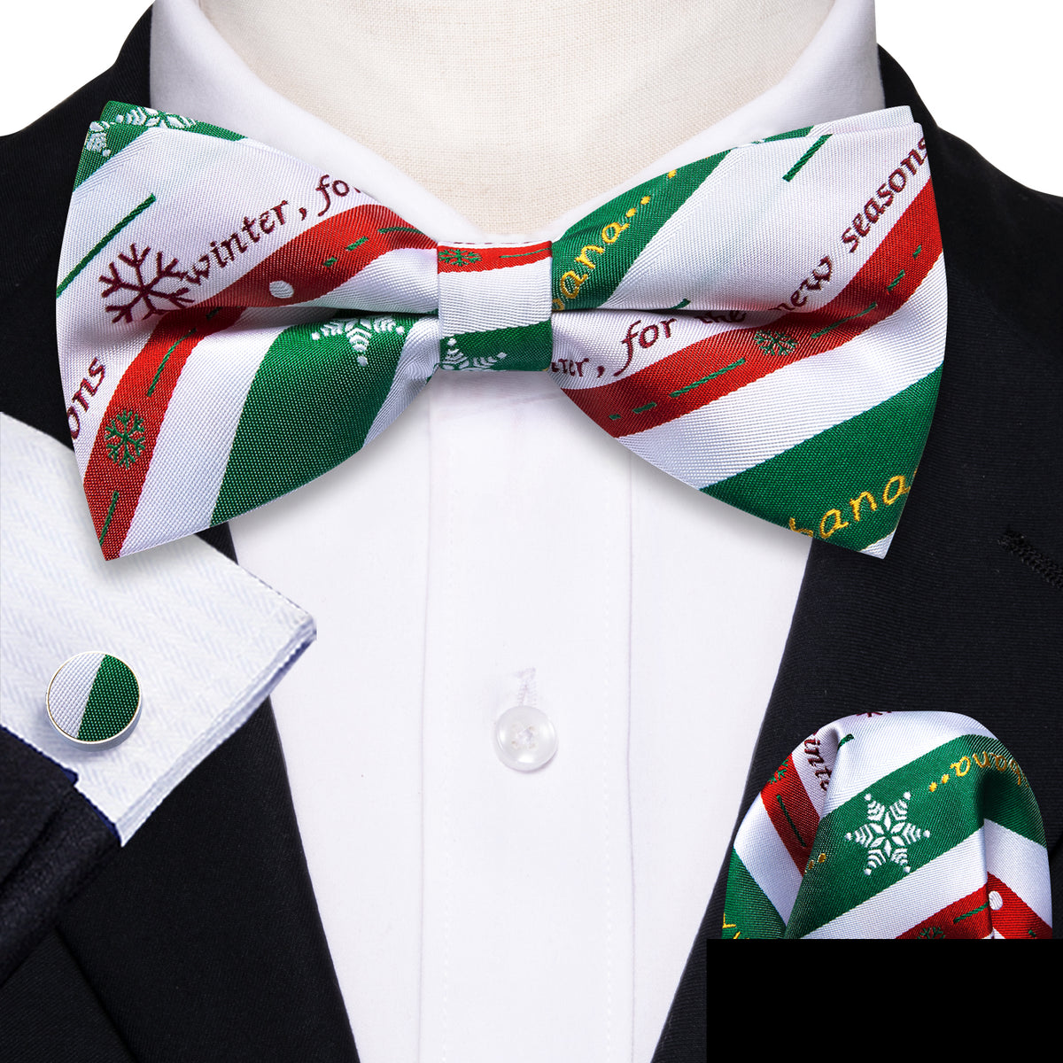 White Green Christmas Pattern Bow Tie Set bow ties    - Sophisticated Gentlemen
