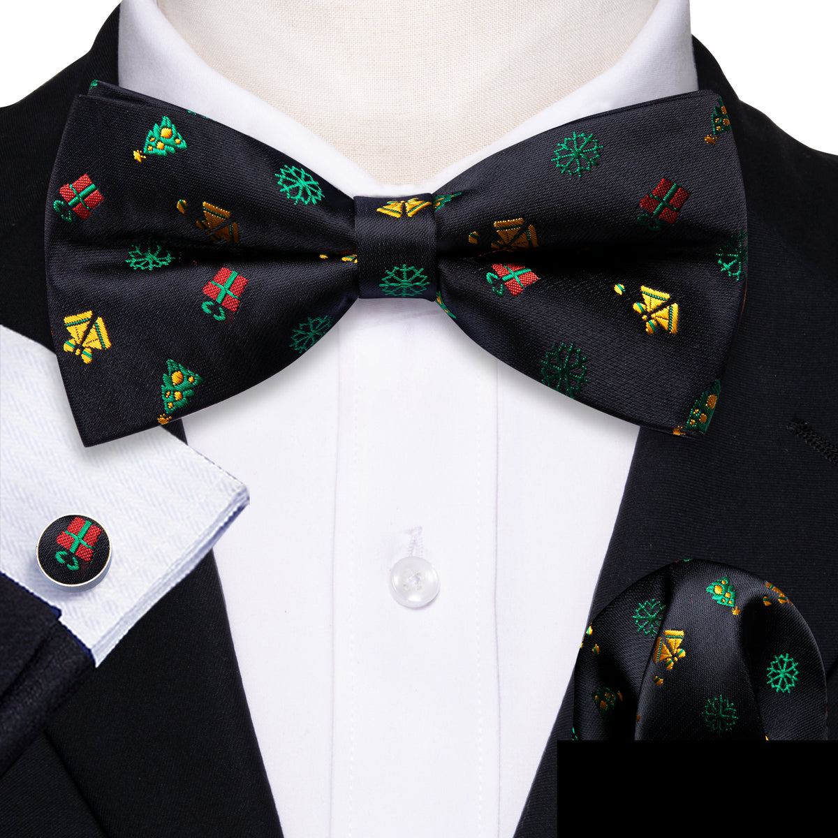 Black Xmas Pattern Bow Tie Set bow ties    - Sophisticated Gentlemen