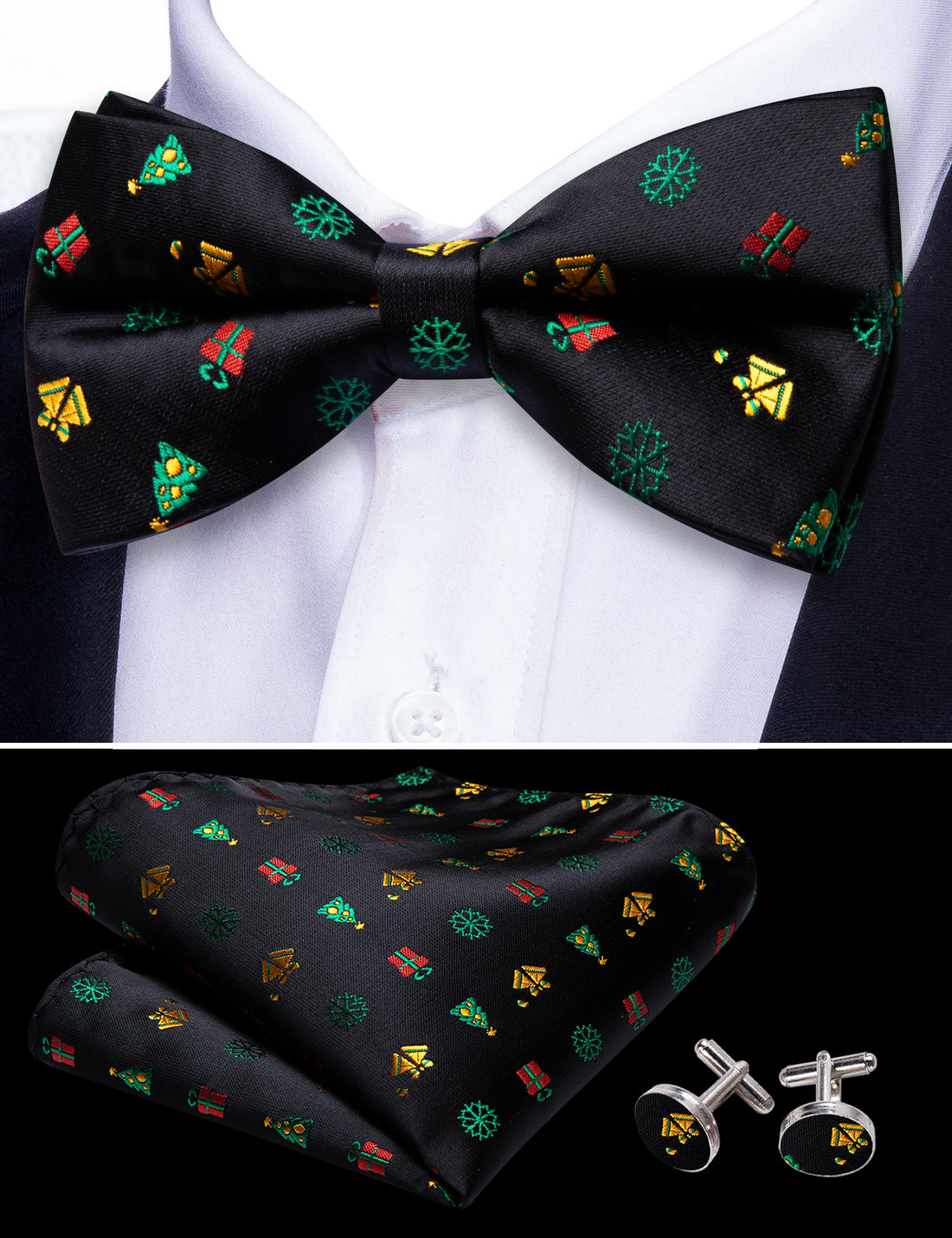Black Xmas Pattern Bow Tie Set bow ties    - Sophisticated Gentlemen