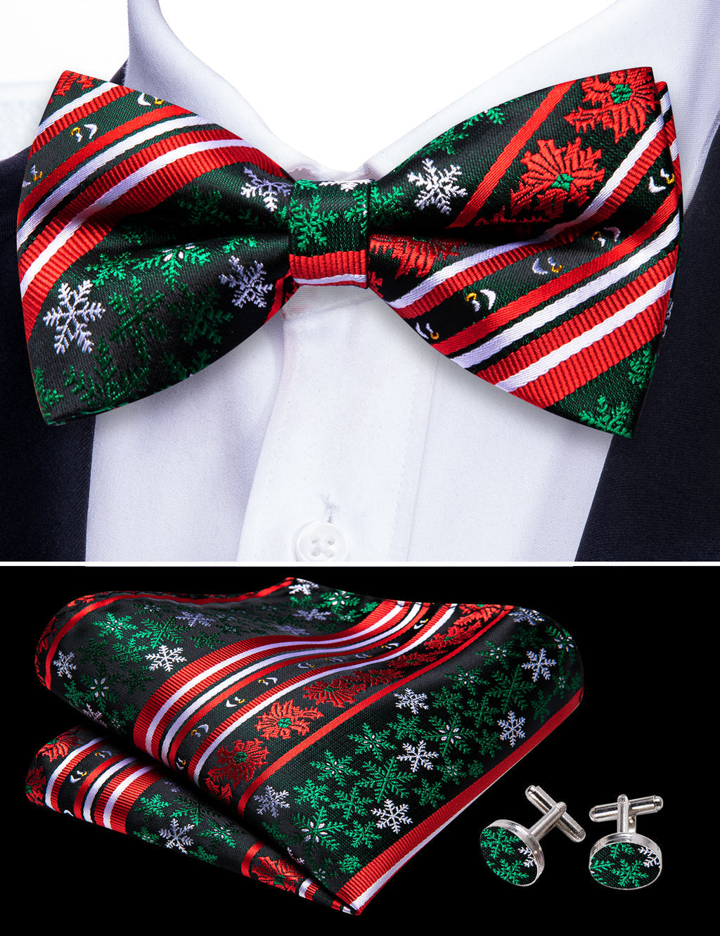 Red Green Christmas Snowflake Bow Tie Set bow ties    - Sophisticated Gentlemen