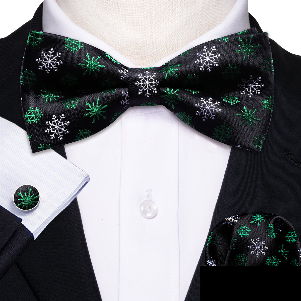 Black White Snowflake Christmas Bow Tie Set bow ties    - Sophisticated Gentlemen